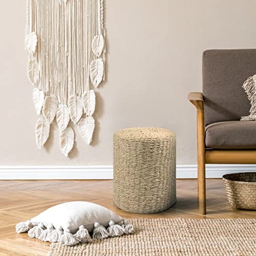 Handwoven Seagrass Pouf Ottoman with Solid Wood Frame for Living Room, Bedroom - Boho Footstool and Decorative Seat