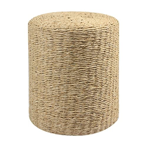 Handwoven Seagrass Pouf Ottoman with Solid Wood Frame for Living Room, Bedroom - Boho Footstool and Decorative Seat Beige