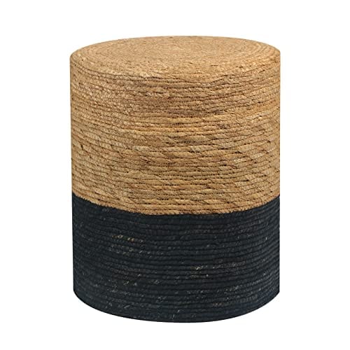 Handwoven Seagrass Pouf Ottoman with Solid Wood Frame - Natural & Black, Perfect for Living Room, Bedroom or Nursery