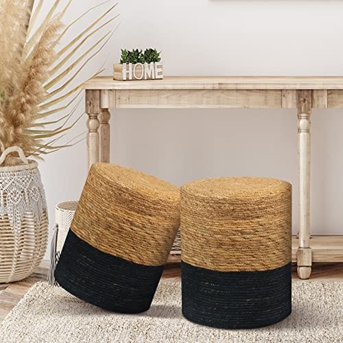 Handwoven Seagrass Pouf Ottoman with Solid Wood Frame - Natural & Black, Perfect for Living Room, Bedroom or Nursery