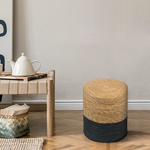 Handwoven Seagrass Pouf Ottoman with Solid Wood Frame - Natural & Black, Perfect for Living Room, Bedroom or Nursery