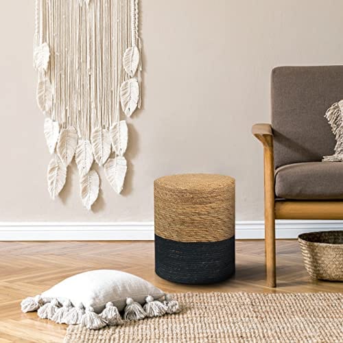 Handwoven Seagrass Pouf Ottoman with Solid Wood Frame - Natural & Black, Perfect for Living Room, Bedroom or Nursery