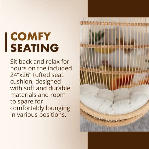 Hanging Rattan Swing Chair with Seat Cushion - Handwoven Natural Rattan for Coastal Home Decor