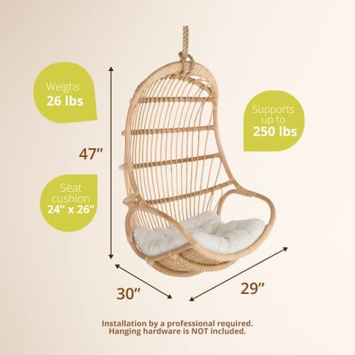 Hanging Rattan Swing Chair with Seat Cushion - Handwoven Natural Rattan for Coastal Home Decor