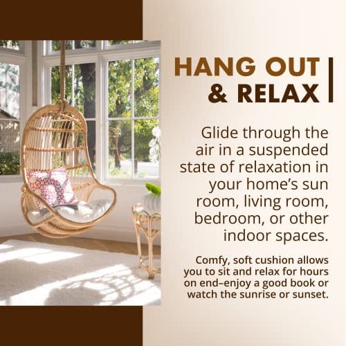 Hanging Rattan Swing Chair with Seat Cushion - Handwoven Natural Rattan for Coastal Home Decor