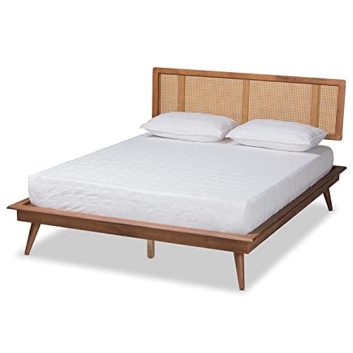 King Size Walnut Brown Bed Frame with Woven Headboard - No Box Spring Needed