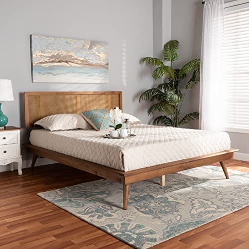 King Size Walnut Brown Bed Frame with Woven Headboard - No Box Spring Needed