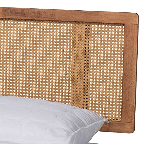 King Size Walnut Brown Bed Frame with Woven Headboard - No Box Spring Needed