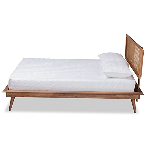 King Size Walnut Brown Bed Frame with Woven Headboard - No Box Spring Needed