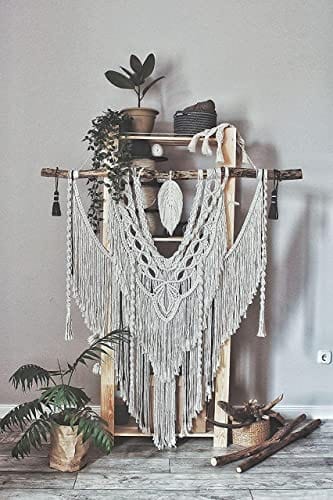 Large Handmade Macrame Wall Decor with Feathers - Boho Bohemian Interior Style - Premium Quality Eco Cotton - 49.2" x 55.5