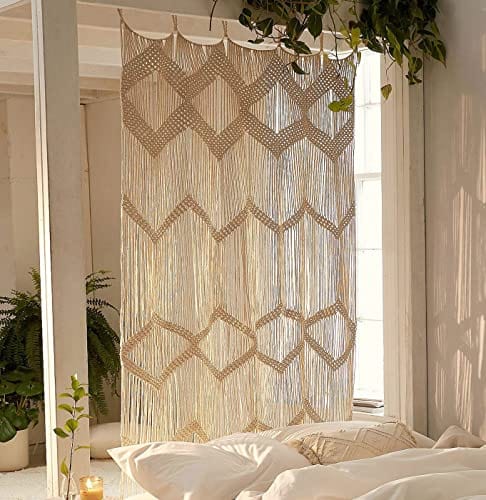 Macrame Curtain Window/Room Divider - Beige, Handwoven with Boho Style and Fringed Edge