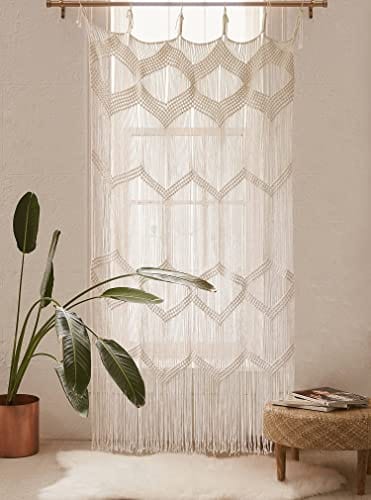 Macrame Curtain Window/Room Divider - Beige, Handwoven with Boho Style and Fringed Edge