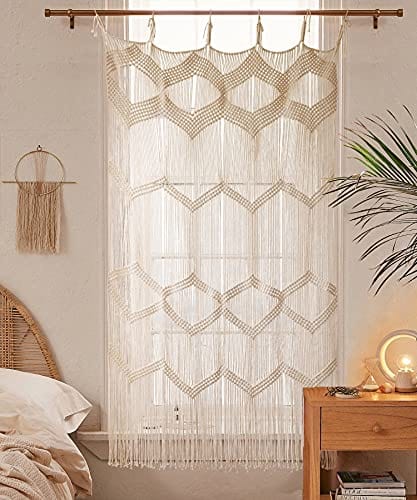 Macrame Curtain Window/Room Divider - Beige, Handwoven with Boho Style and Fringed Edge