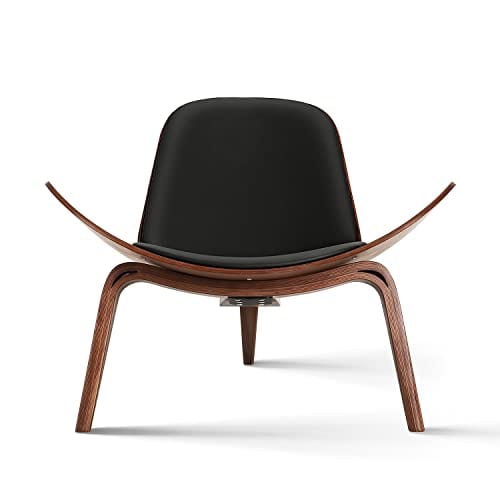 Minimalist Modern Shell Lounge Chair | PU Leather | Tripod Plywood Design | Walnut Wood Accent Chair for Living Room, Office