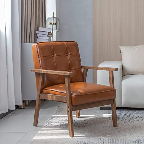 Modern Accent Chair, Nordic Minimalist Wood Leather Armchairs Side Chair, Lounge Reading Comfy Arm Chair for Living Room, Bedroom, Office (Brown)