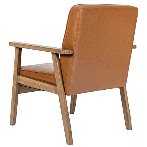 Modern Accent Chair, Nordic Minimalist Wood Leather Armchairs Side Chair, Lounge Reading Comfy Arm Chair for Living Room, Bedroom, Office (Brown)