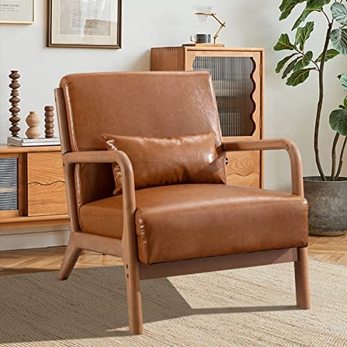 Modern Accent Chair with Wood Frame, PU Leather Reading Armchair with Waist Cushion, Upholstered Living Room Chairs for Bedroom Sunroom