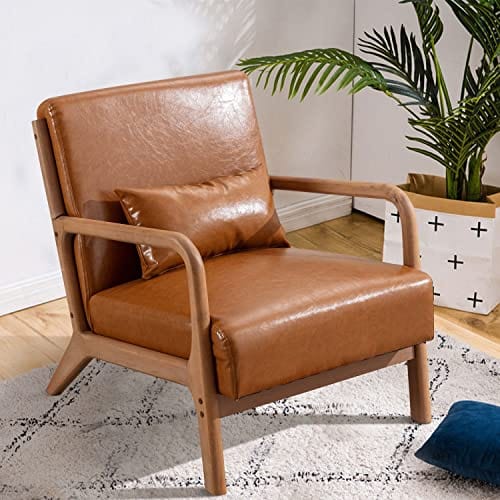 Modern Accent Chair with Wood Frame, PU Leather Reading Armchair with Waist Cushion, Upholstered Living Room Chairs for Bedroom Sunroom