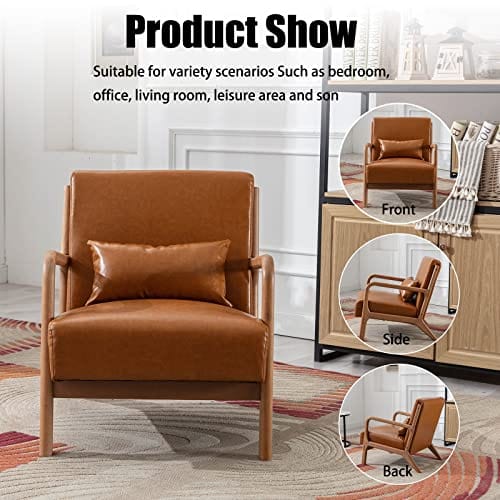 Modern Accent Chair with Wood Frame, PU Leather Reading Armchair with Waist Cushion, Upholstered Living Room Chairs for Bedroom Sunroom