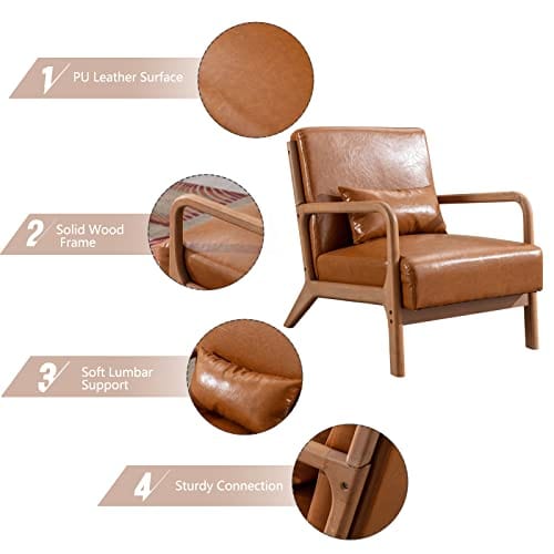 Modern Accent Chair with Wood Frame, PU Leather Reading Armchair with Waist Cushion, Upholstered Living Room Chairs for Bedroom Sunroom