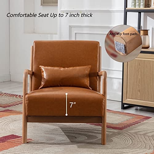 Modern Accent Chair with Wood Frame, PU Leather Reading Armchair with Waist Cushion, Upholstered Living Room Chairs for Bedroom Sunroom