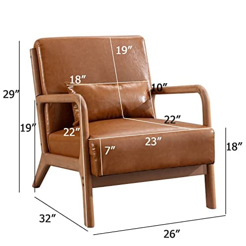 Modern Accent Chair with Wood Frame, PU Leather Reading Armchair with Waist Cushion, Upholstered Living Room Chairs for Bedroom Sunroom