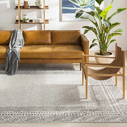 Modern Boho Area Rug – 7'10"x10'3", Gray/Ivory/Charcoal/Beige/Cream, Bordered Design, Plush and Durable, Ideal for Living Room, Bedroom, and Dining Room