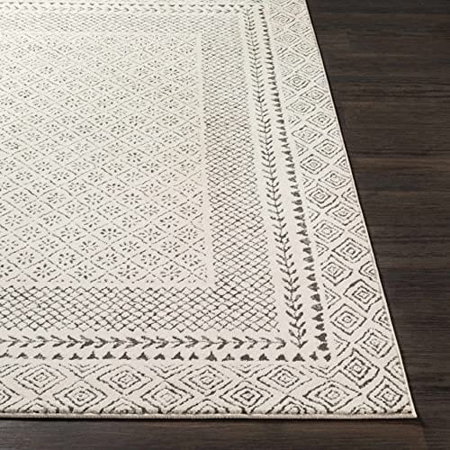 Modern Boho Area Rug – 7'10"x10'3", Gray/Ivory/Charcoal/Beige/Cream, Bordered Design, Plush and Durable, Ideal for Living Room, Bedroom, and Dining Room
