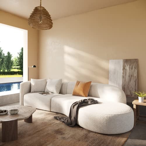 Modern Curved Sectional Sofa with Chaise, 2-Piece Set in Pearl Boucle Upholstery, White