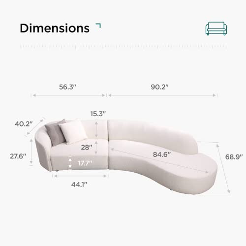 Modern Curved Sectional Sofa with Chaise, 2-Piece Set in Pearl Boucle Upholstery, White
