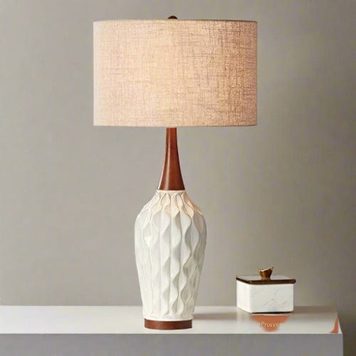 Modern Geometric Ceramic Table Lamp with Oak Wood Accents and Tan Fabric Shade