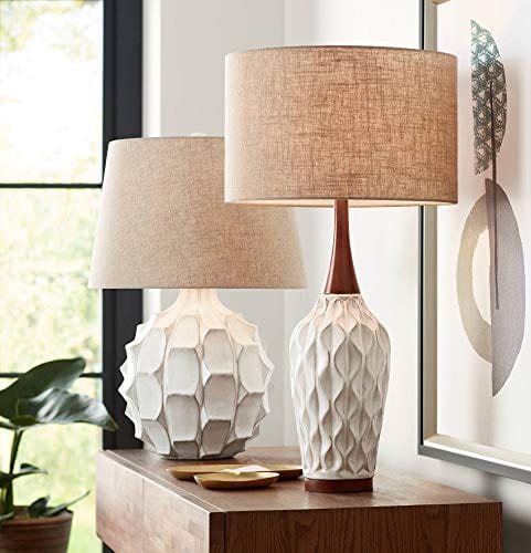 Modern Geometric Ceramic Table Lamp with Oak Wood Accents and Tan Fabric Shade