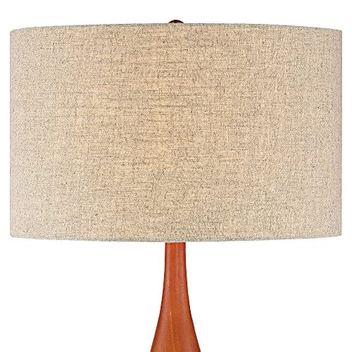 Modern Geometric Ceramic Table Lamp with Oak Wood Accents and Tan Fabric Shade