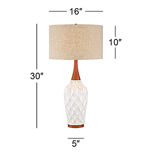 Modern Geometric Ceramic Table Lamp with Oak Wood Accents and Tan Fabric Shade