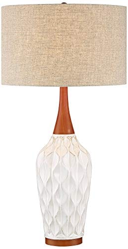 Modern Geometric Ceramic Table Lamp with Oak Wood Accents and Tan Fabric Shade