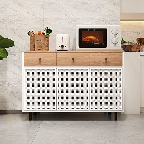 Modern Iron Rattan Kitchen Cabinet - Versatile Storage Solution for Dining Room, Living Room, Hallway - White