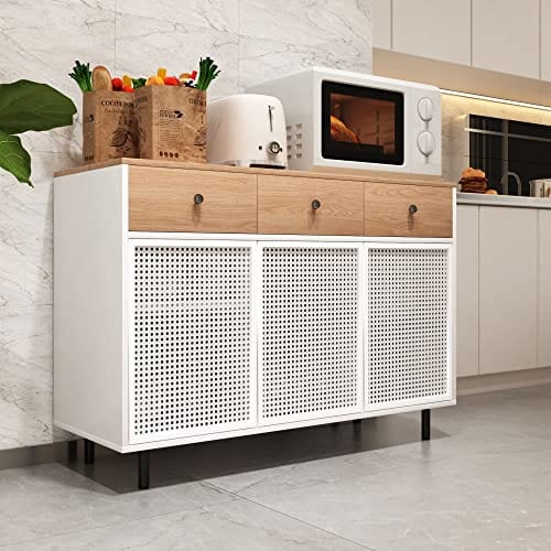 Modern Iron Rattan Kitchen Cabinet - Versatile Storage Solution for Dining Room, Living Room, Hallway - White