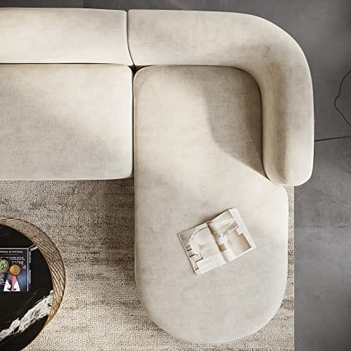 Modern Velvet Sectional Sofa - Comfortable L Shape Couch for Living Room and Office, Cream