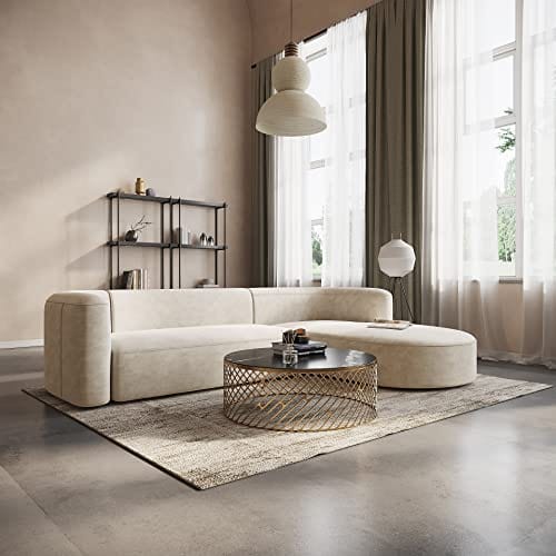 Modern Velvet Sectional Sofa - Comfortable L Shape Couch for Living Room and Office, Cream