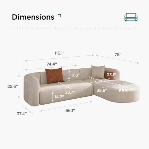 Modern Velvet Sectional Sofa - Comfortable L Shape Couch for Living Room and Office, Cream