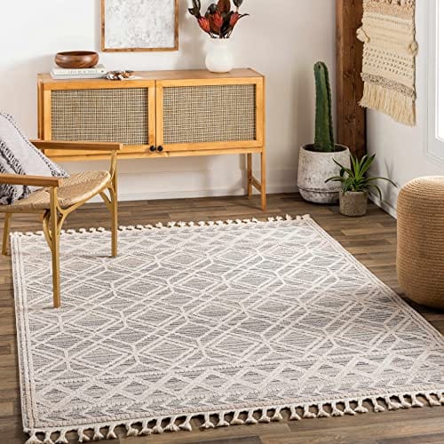 Molde Moroccan Farmhouse Living Room Bedroom Area Rug with Tassel - High Low Carpet - Tribal Boho Style - Southwestern Geometric Pattern - Beige, Cream 7'10" x 10