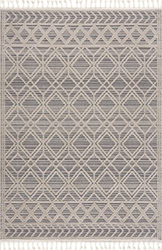 Molde Moroccan Farmhouse Living Room Bedroom Area Rug with Tassel - High Low Carpet - Tribal Boho Style - Southwestern Geometric Pattern - Beige, Cream 7'10" x 10