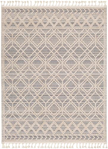 Molde Moroccan Farmhouse Living Room Bedroom Area Rug with Tassel - High Low Carpet - Tribal Boho Style - Southwestern Geometric Pattern - Beige, Cream 7'10" x 10