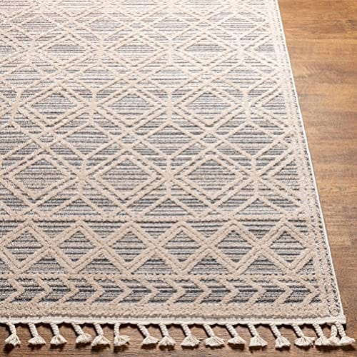 Molde Moroccan Farmhouse Living Room Bedroom Area Rug with Tassel - High Low Carpet - Tribal Boho Style - Southwestern Geometric Pattern - Beige, Cream 7'10" x 10