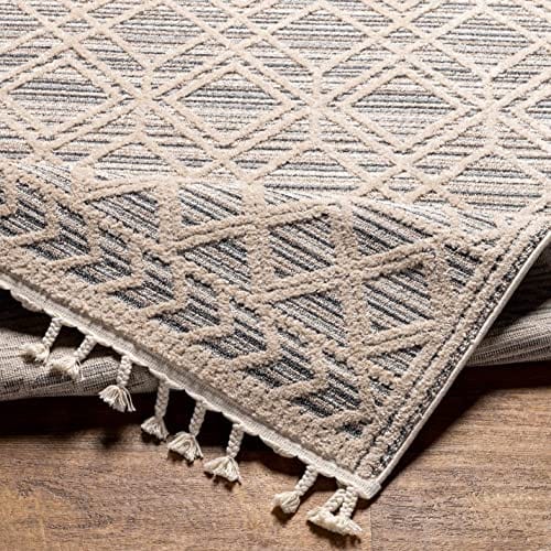 Molde Moroccan Farmhouse Living Room Bedroom Area Rug with Tassel - High Low Carpet - Tribal Boho Style - Southwestern Geometric Pattern - Beige, Cream 7'10" x 10