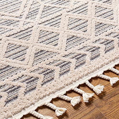 Molde Moroccan Farmhouse Living Room Bedroom Area Rug with Tassel - High Low Carpet - Tribal Boho Style - Southwestern Geometric Pattern - Beige, Cream 7'10" x 10