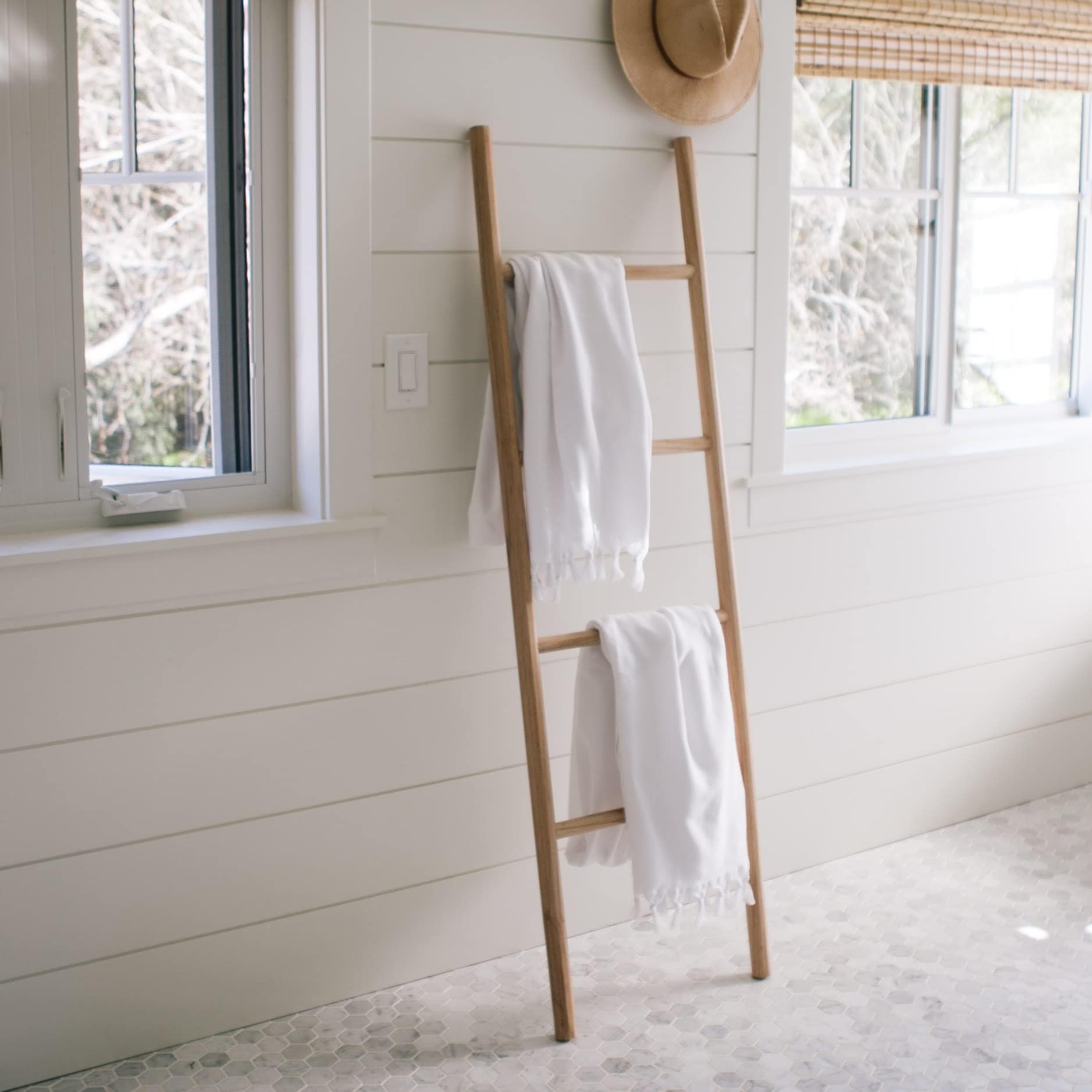 Natural 5ft Handmade Wooden Ladder Shelf - Versatile Boho Decor for Bathroom, Towel Rack, or Blanket Holder