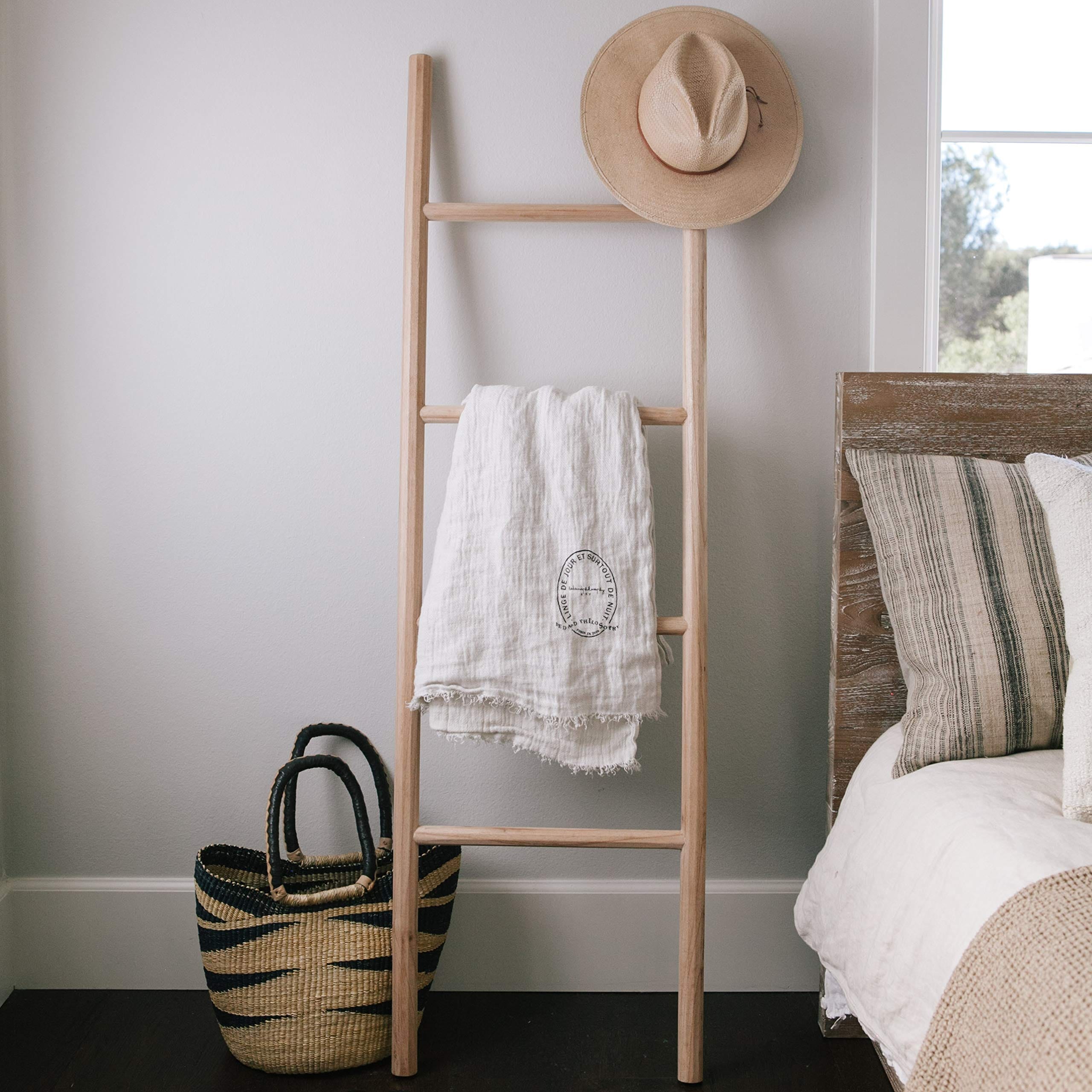 Natural 5ft Handmade Wooden Ladder Shelf - Versatile Boho Decor for Bathroom, Towel Rack, or Blanket Holder