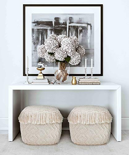 Natural Geometric Square Fabric Pouf Ottoman, 18-inch, Handcrafted with Soft 100% Cotton, Stylish Inca Patterns and Fringe, Lightweight and Comfortable Footrest or Seat