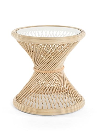 Natural Rattan Side Table with Glass Top - Stylish Hourglass Design - Handcrafted Coastal Décor - 24" Diameter
